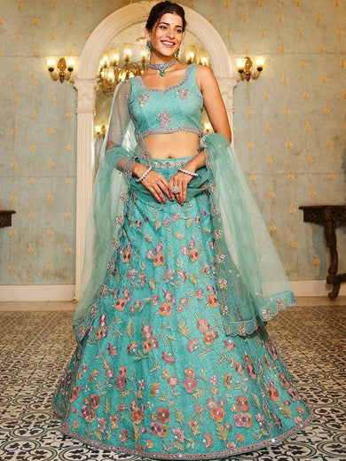 Wonderful Sea Green Embroidered Net Engagement Wear Lehenga Choli - Ethnic Plus In